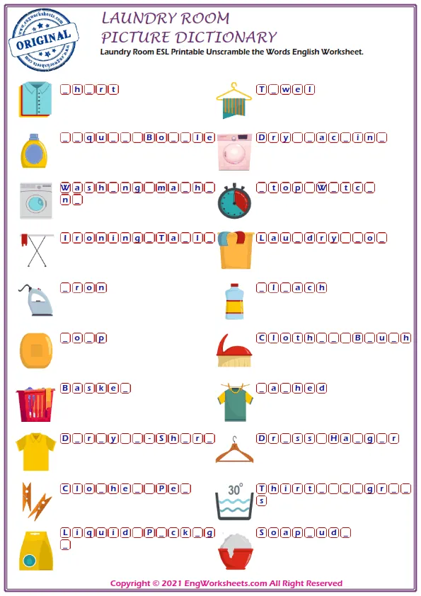 Laundry Room ESL Printable Picture Dictionary For Kids. Write the Numbers Next to the Words. Worksheet Preview