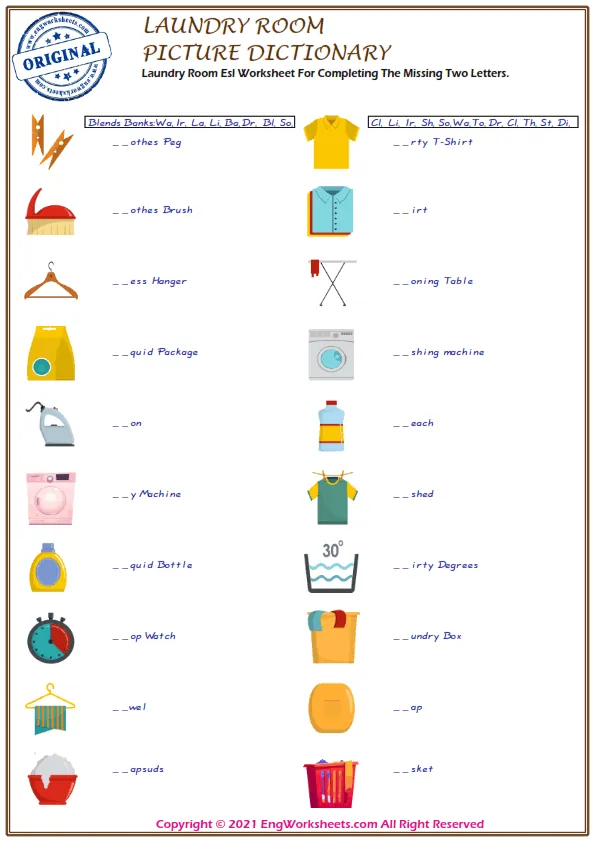 Laundry Room ESL Printable Picture Dictionary For Kids. Write the Words on the Word List.