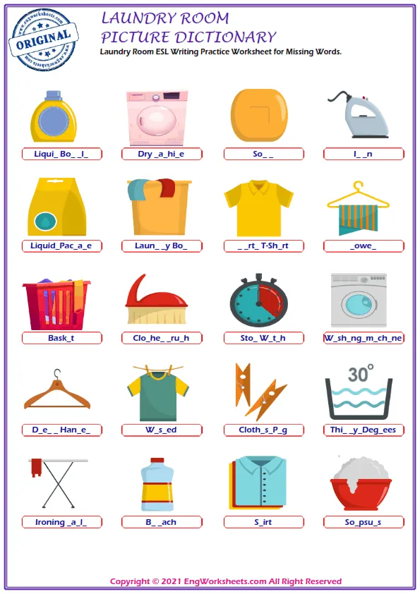 Fill The Middle Vowel Sounds Free Laundry Room Word Worksheet