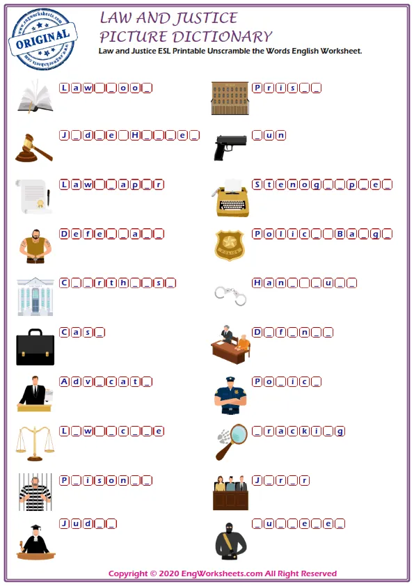 Law and Justice ESL Printable Unscramble the Words English Worksheet.