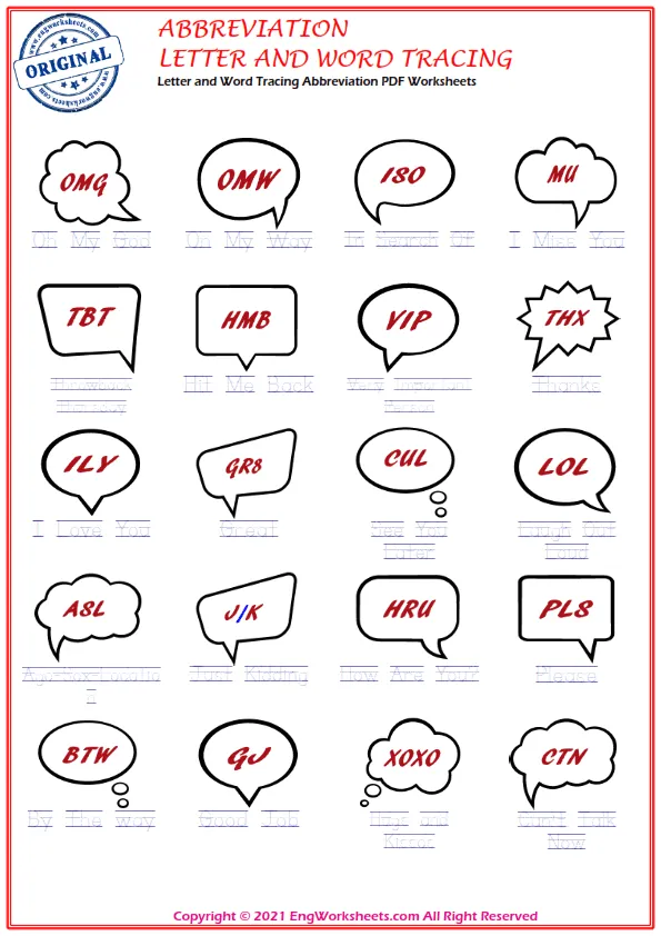Letter and Word Tracing Abbreviation PDF Worksheets