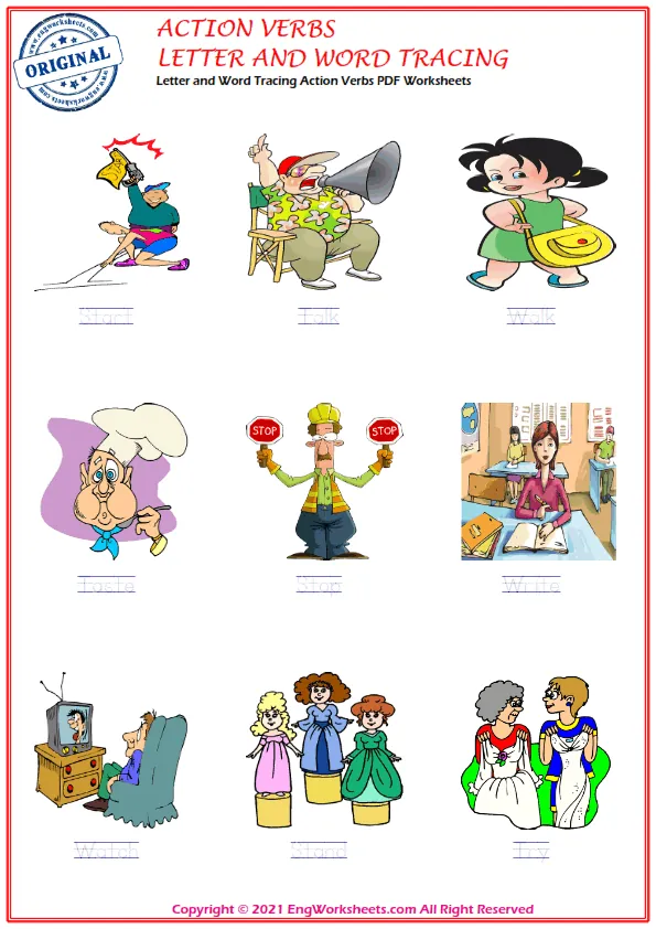 Letter and Word Tracing Action Verbs PDF Worksheets