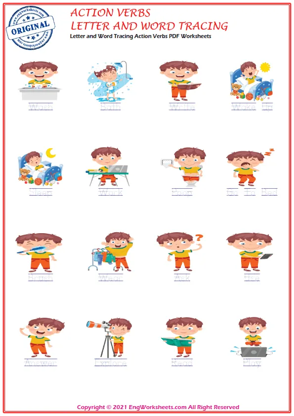 Letter and Word Tracing Action Verbs PDF Worksheets