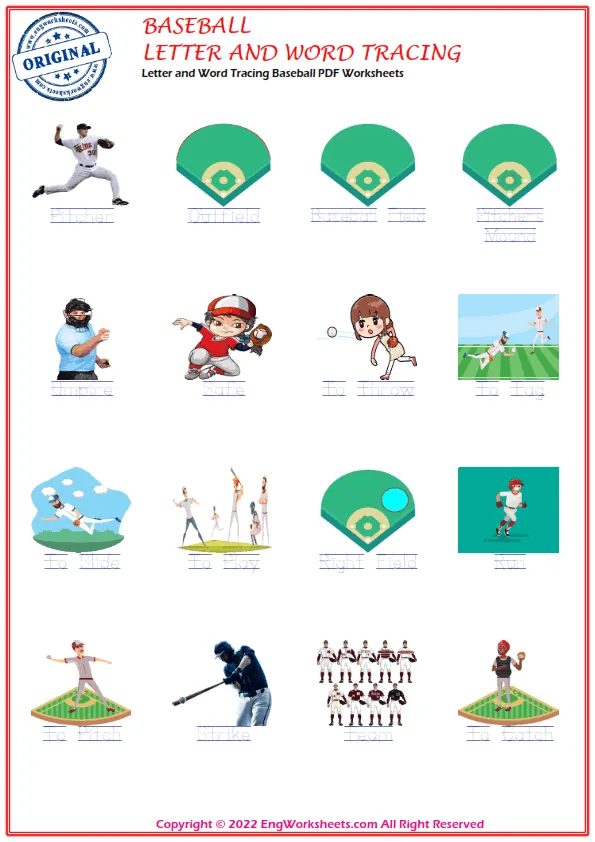 Letter and Word Tracing Baseball PDF Worksheets