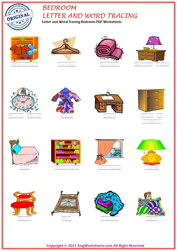 Letter and Word Tracing Bedroom PDF Worksheets Worksheet Preview