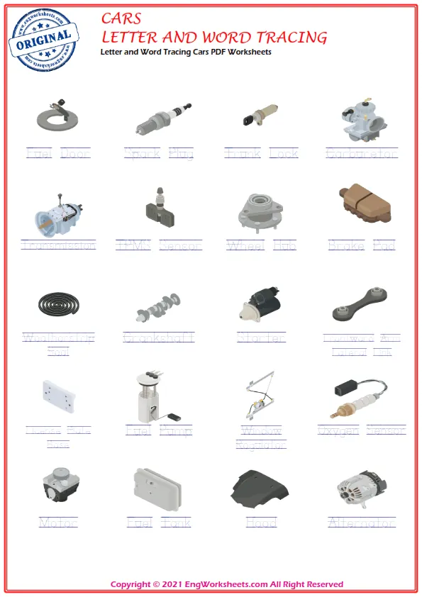 Letter and Word Tracing Cars PDF Worksheets Worksheet Preview