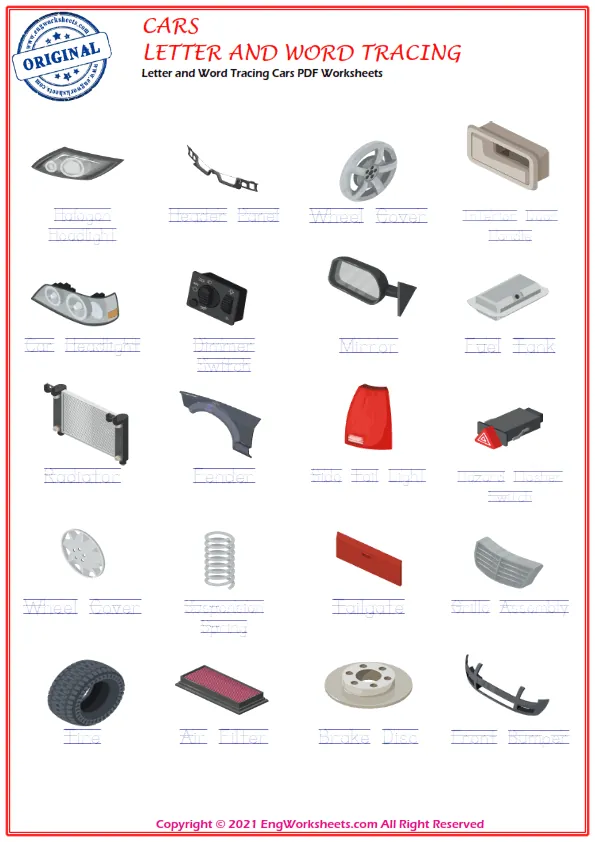 Letter and Word Tracing Cars PDF Worksheets