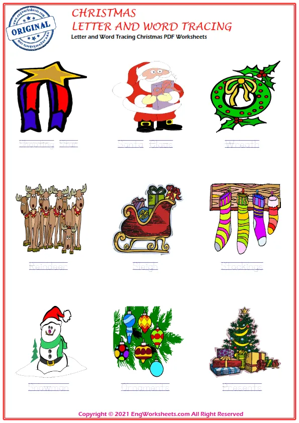 Letter and Word Tracing Christmas PDF Worksheets