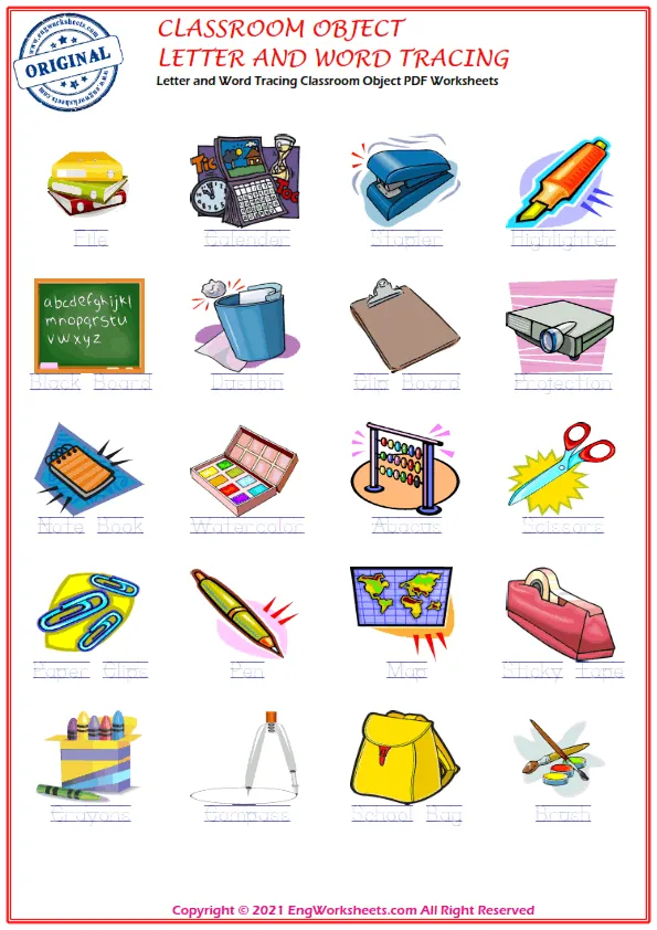 Letter and Word Tracing Classroom Objects PDF Worksheets
