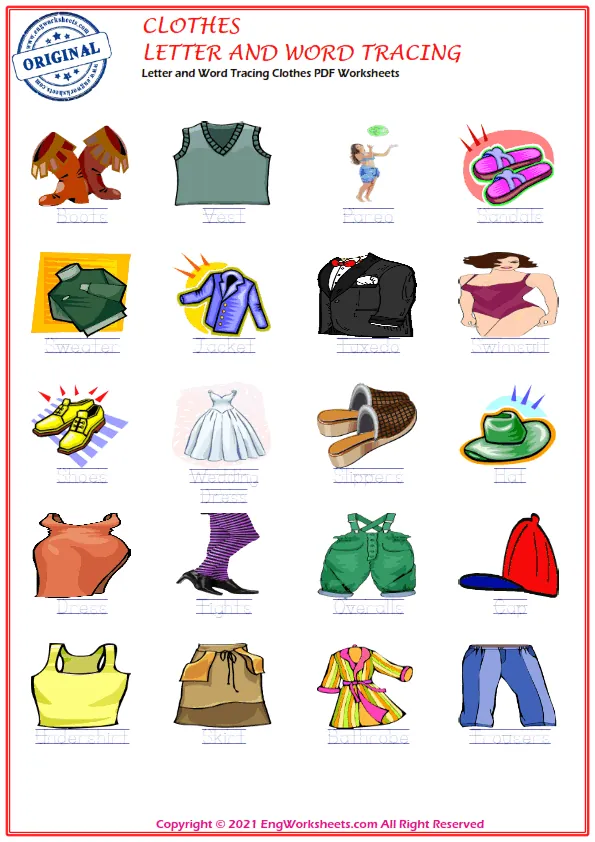 Letter and Word Tracing Clothes PDF Worksheets Worksheet Preview