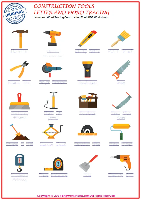 Letter and Word Tracing Construction Tools PDF Worksheets Worksheet Preview