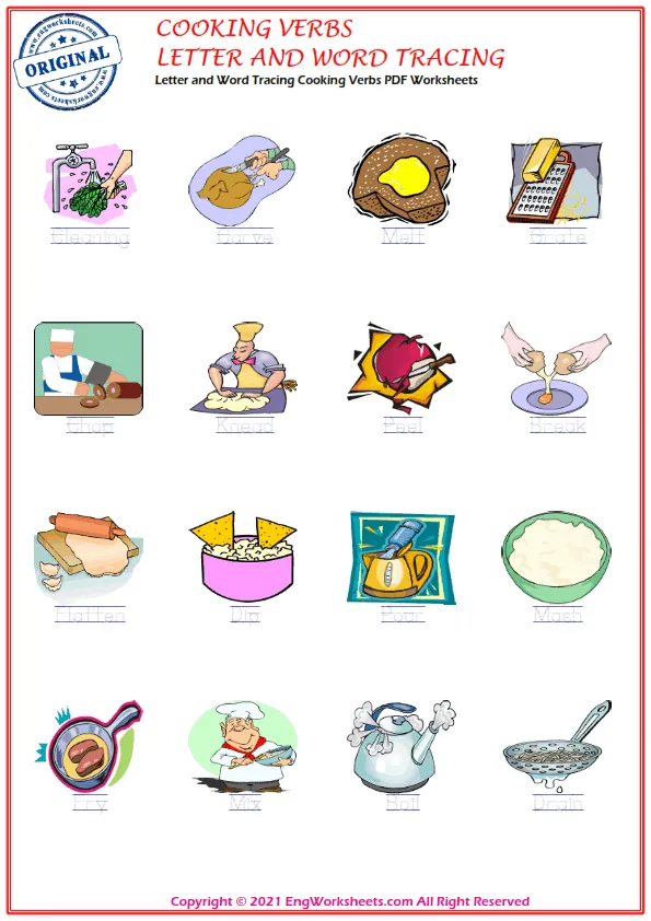 Letter and Word Tracing Cooking Verbs PDF Worksheets