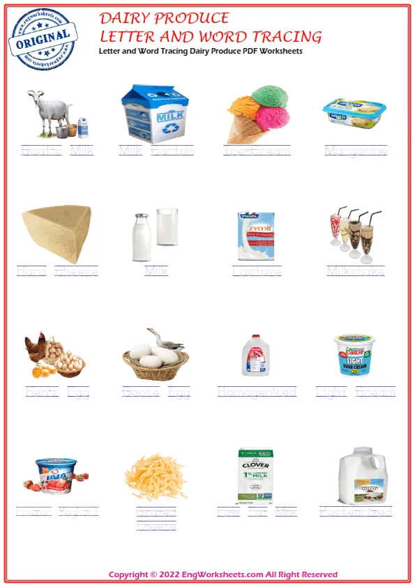 Letter and Word Tracing Dairy Produce PDF Worksheets