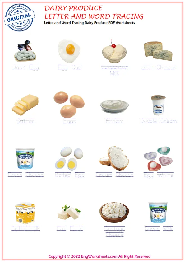 Letter and Word Tracing Dairy Produce PDF Worksheets Worksheet Preview