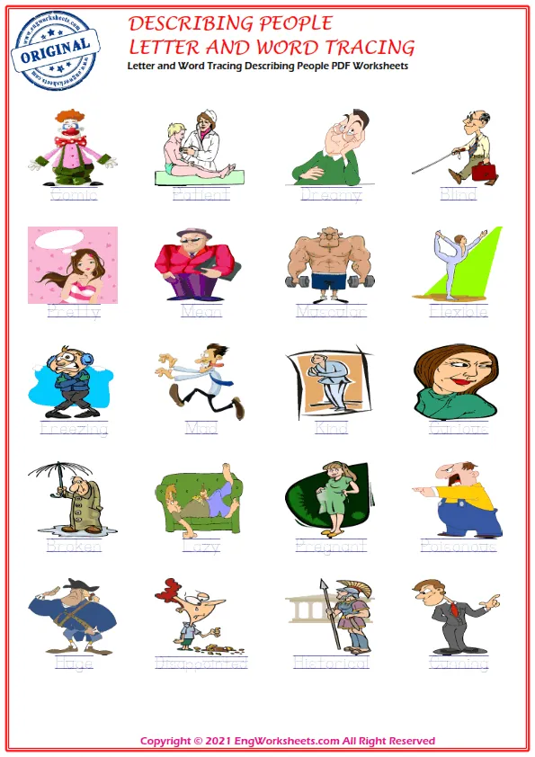 Letter and Word Tracing Describing People PDF Worksheets