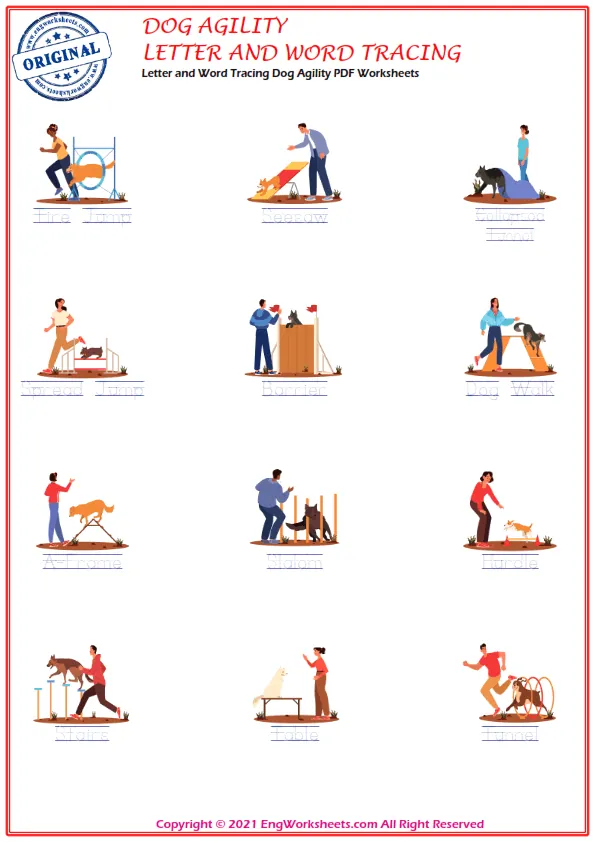 Letter and Word Tracing Dog Agility PDF Worksheets