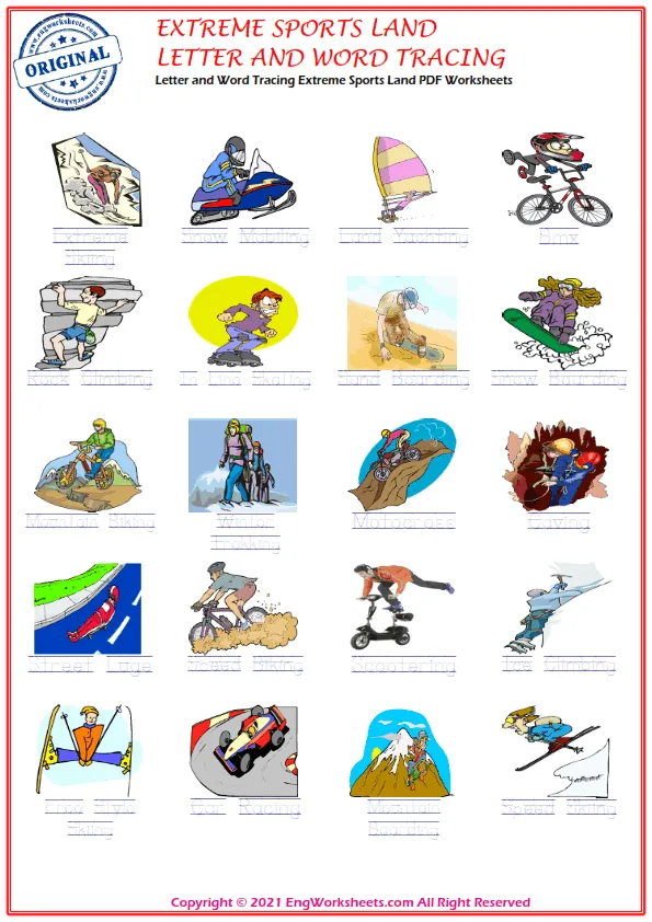 Letter and Word Tracing Extreme Sports Land PDF Worksheets