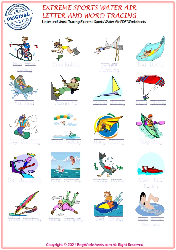 Letter and Word Tracing Extreme Sports Water Air PDF Worksheets