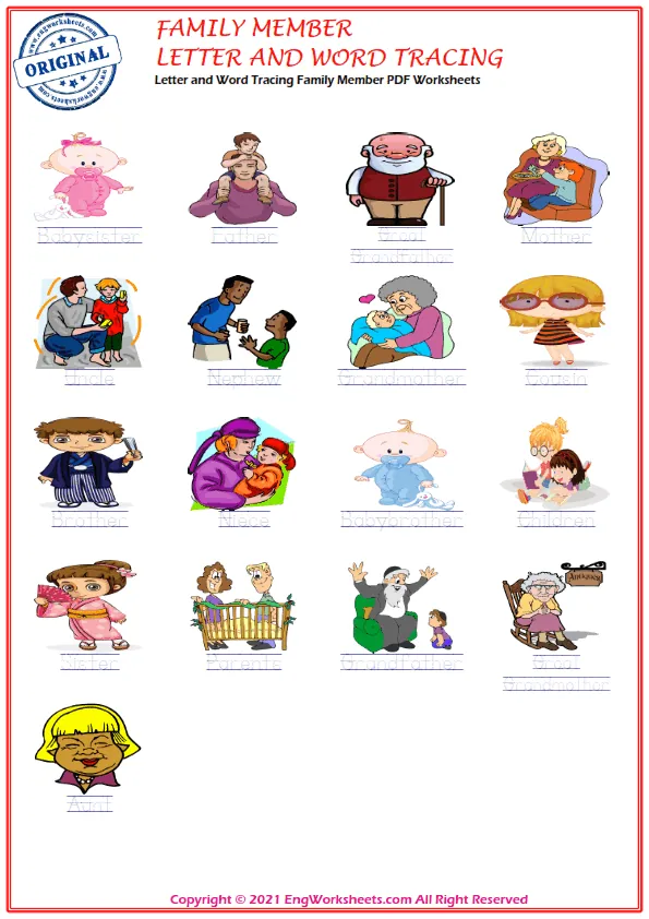 Letter and Word Tracing Family Member PDF Worksheets