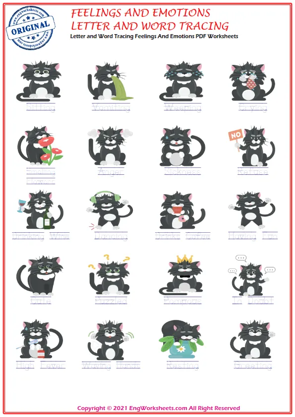 Letter and Word Tracing Feelings And Emotions PDF Worksheets