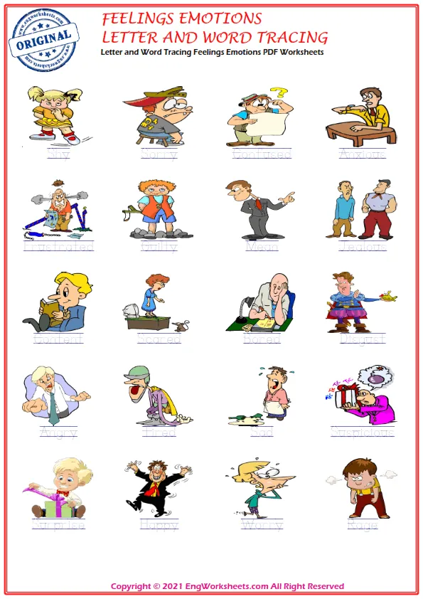 Letter and Word Tracing Feelings And Emotions PDF Worksheets Worksheet Preview