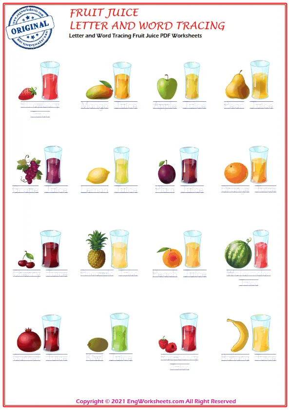 Letter and Word Tracing Fruit Juice PDF Worksheets