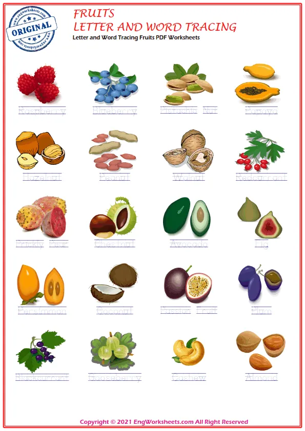 Letter and Word Tracing Fruits PDF Worksheets Worksheet Preview