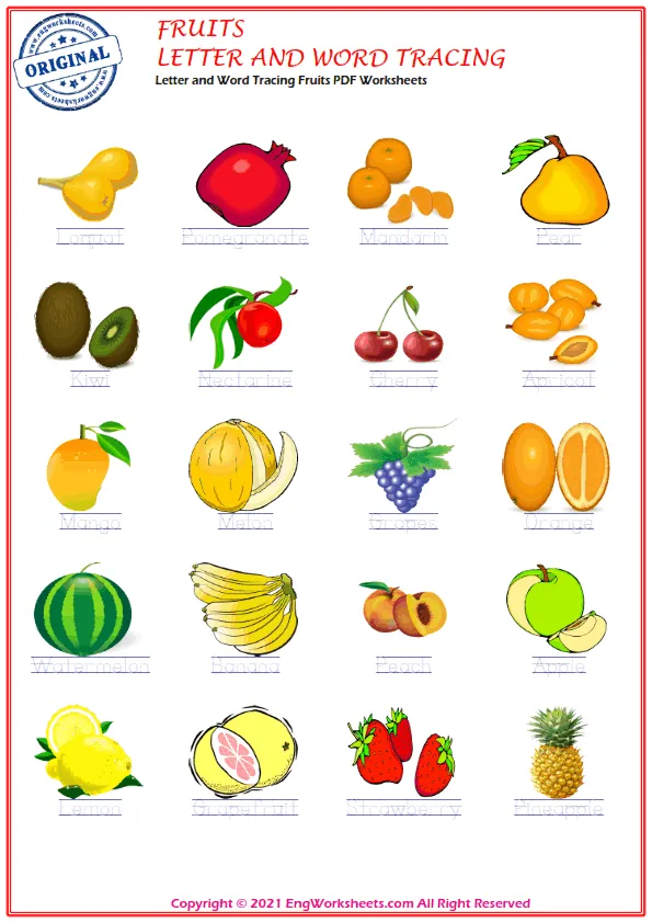 Letter and Word Tracing Fruits PDF Worksheets