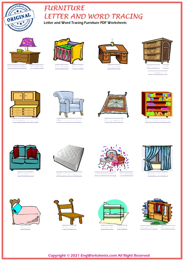 Letter and Word Tracing Furniture PDF Worksheets