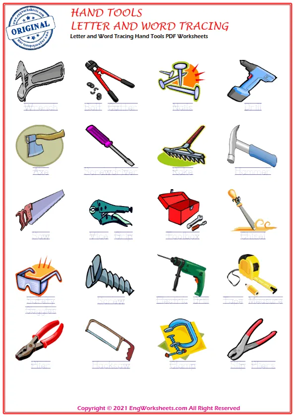 Letter and Word Tracing Hand Tools PDF Worksheets Worksheet Preview