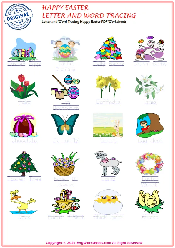 Letter and Word Tracing Happy Easter PDF Worksheets
