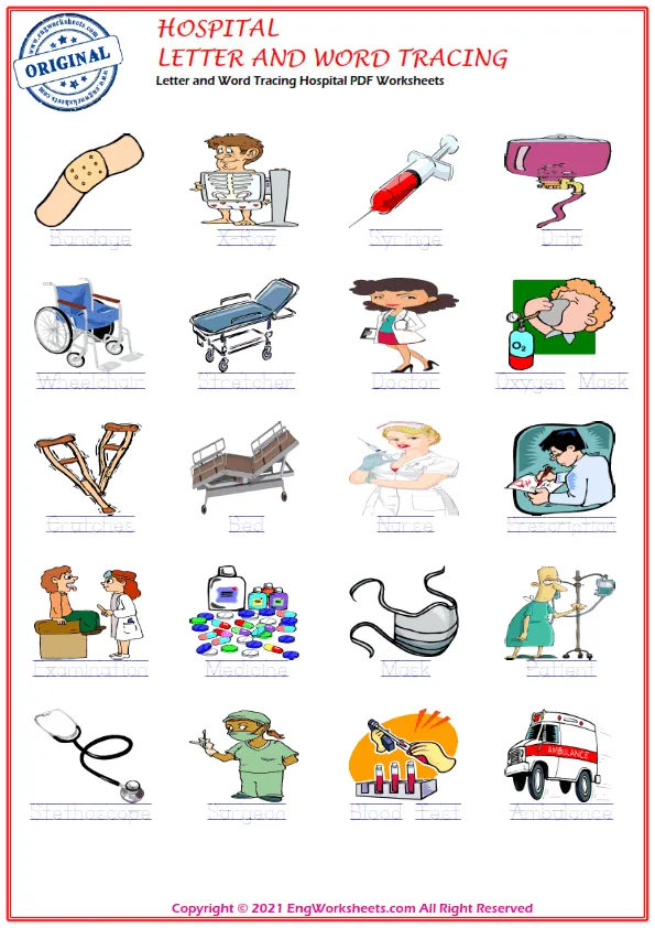 Letter and Word Tracing Hospital PDF Worksheets