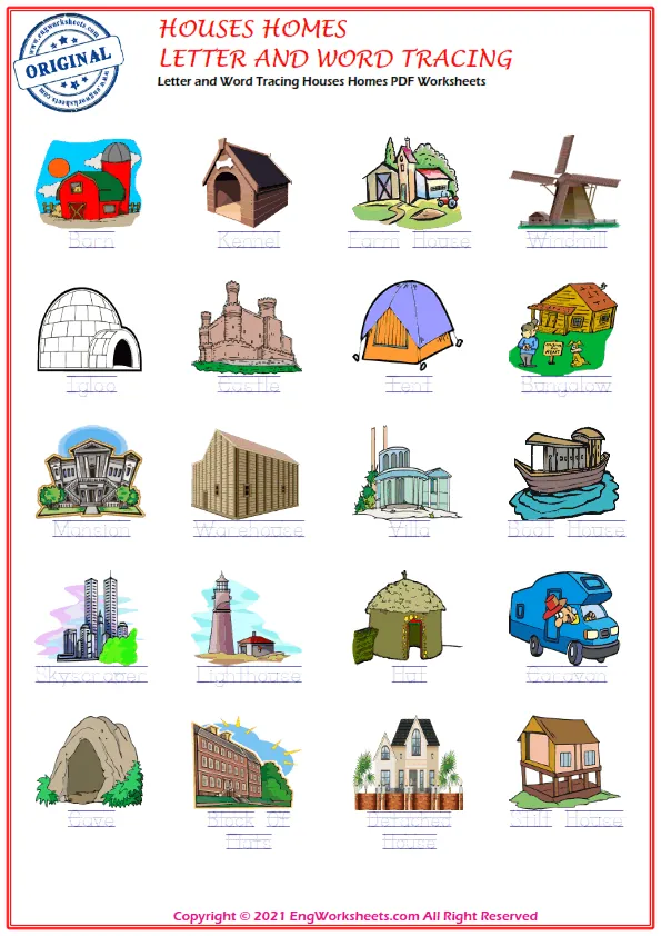 Letter and Word Tracing Houses Homes PDF Worksheets
