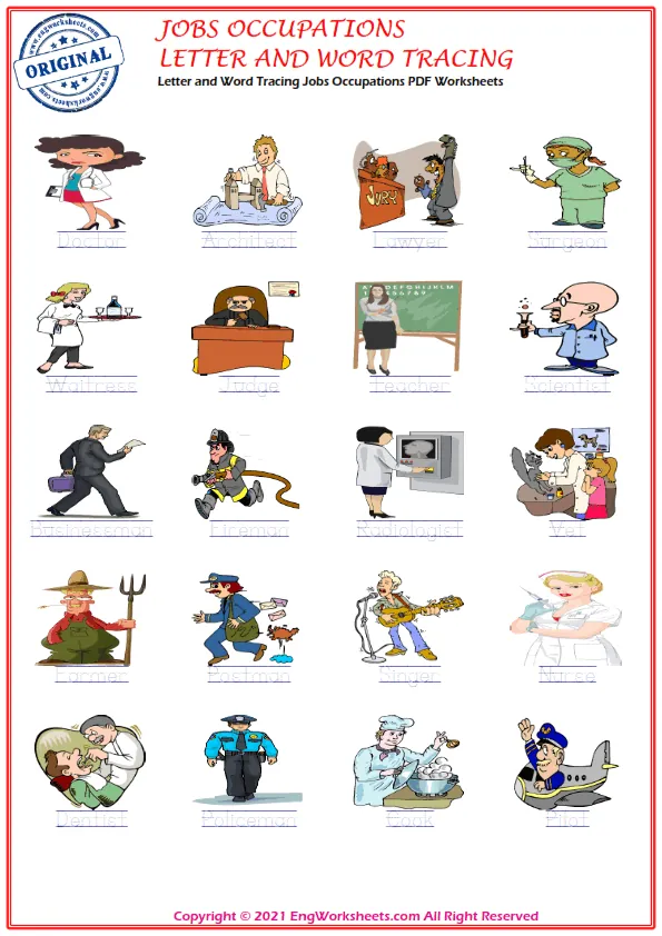 Letter and Word Tracing Jobs Occupations PDF Worksheets