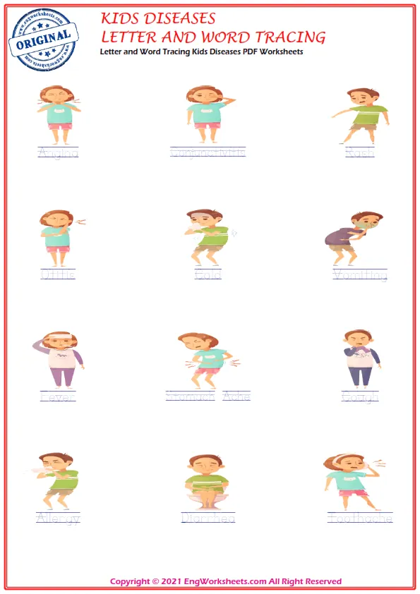 Letter and Word Tracing Kids Diseases PDF Worksheets