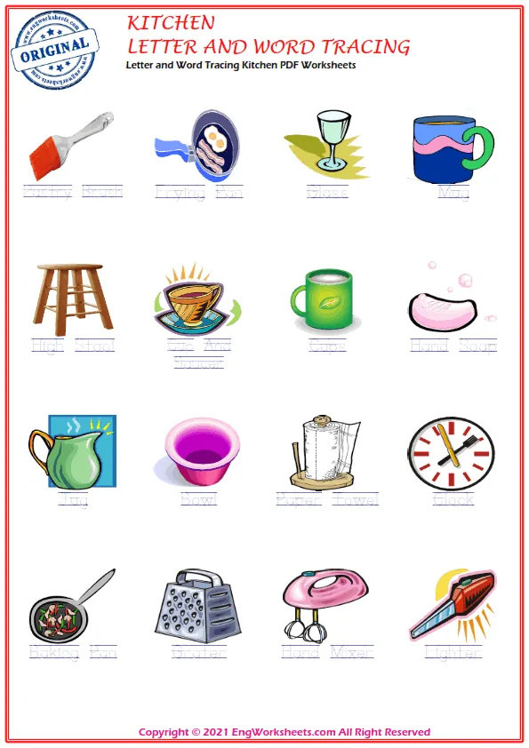 Letter and Word Tracing Kitchen PDF Worksheets Worksheet Preview