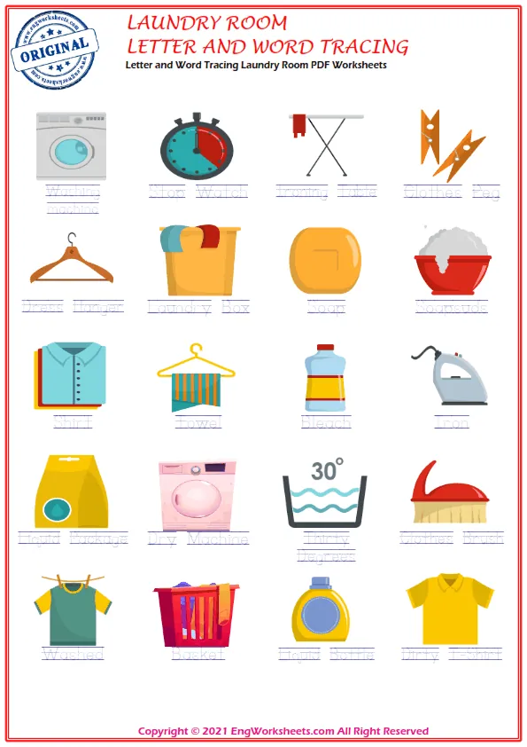 Laundry Room ESL Writing Practice Worksheet for Missing Words.