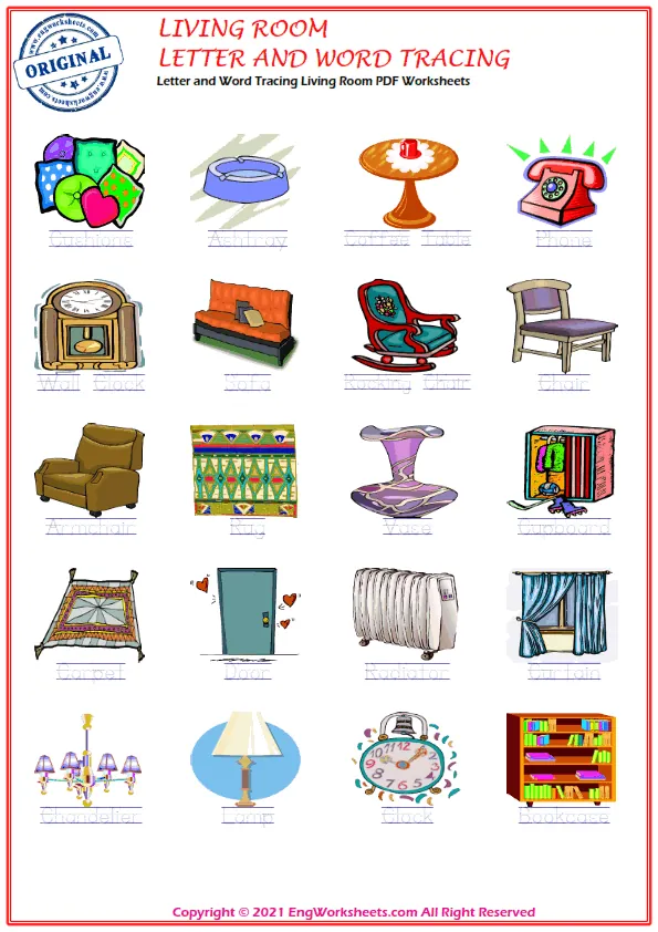 Letter and Word Tracing Living Room PDF Worksheets Worksheet Preview