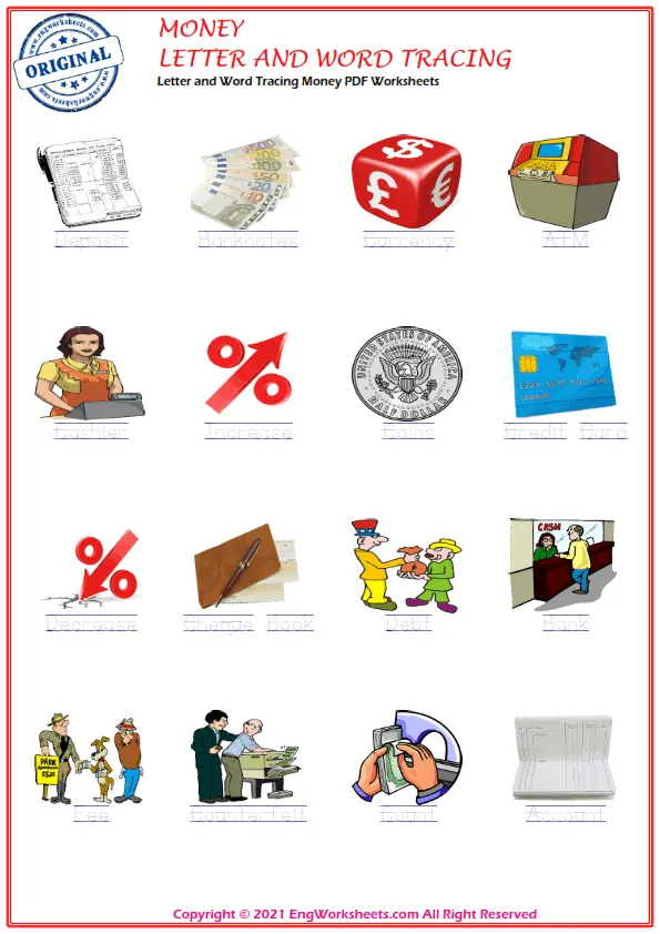 Letter and Word Tracing Money PDF Worksheets