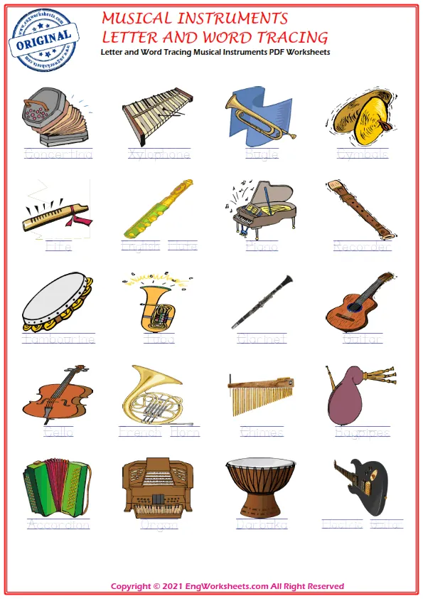 Letter and Word Tracing Musical Instruments PDF Worksheets Worksheet Preview