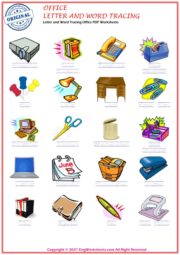 Letter and Word Tracing Office PDF Worksheets Worksheet Preview