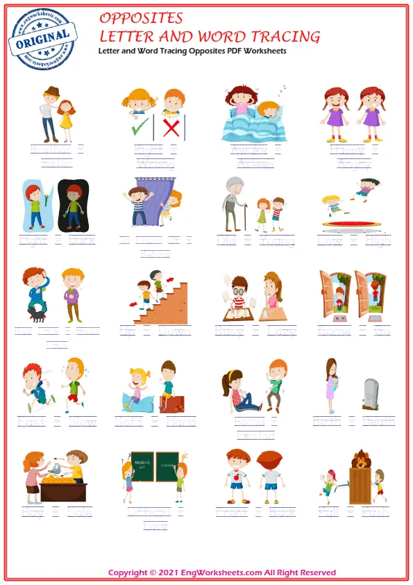 Letter and Word Tracing Opposites PDF Worksheets