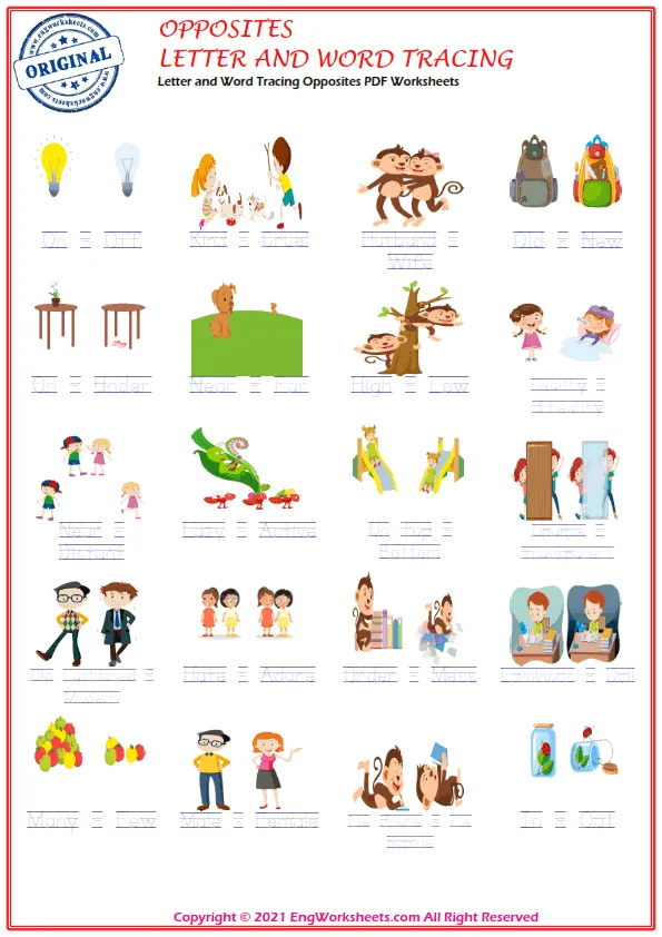 Letter and Word Tracing Opposites PDF Worksheets