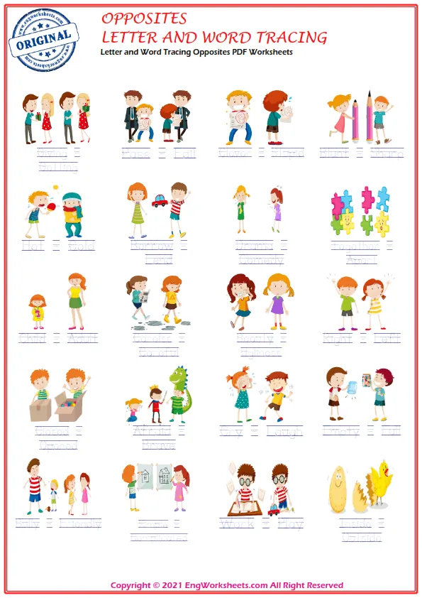Letter and Word Tracing Opposites PDF Worksheets Worksheet Preview