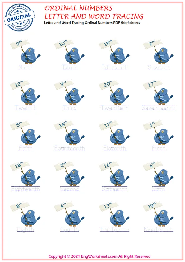 Letter and Word Tracing Ordinal Numbers PDF Worksheets