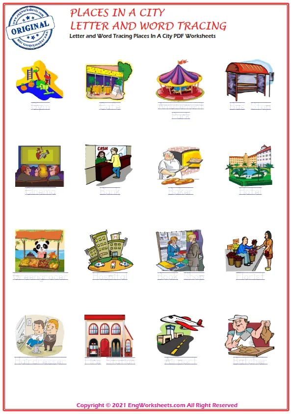 Letter and Word Tracing Places In A City PDF Worksheets
