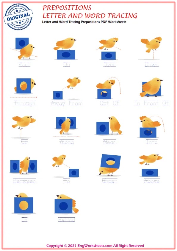 Letter and Word Tracing Prepositions PDF Worksheets