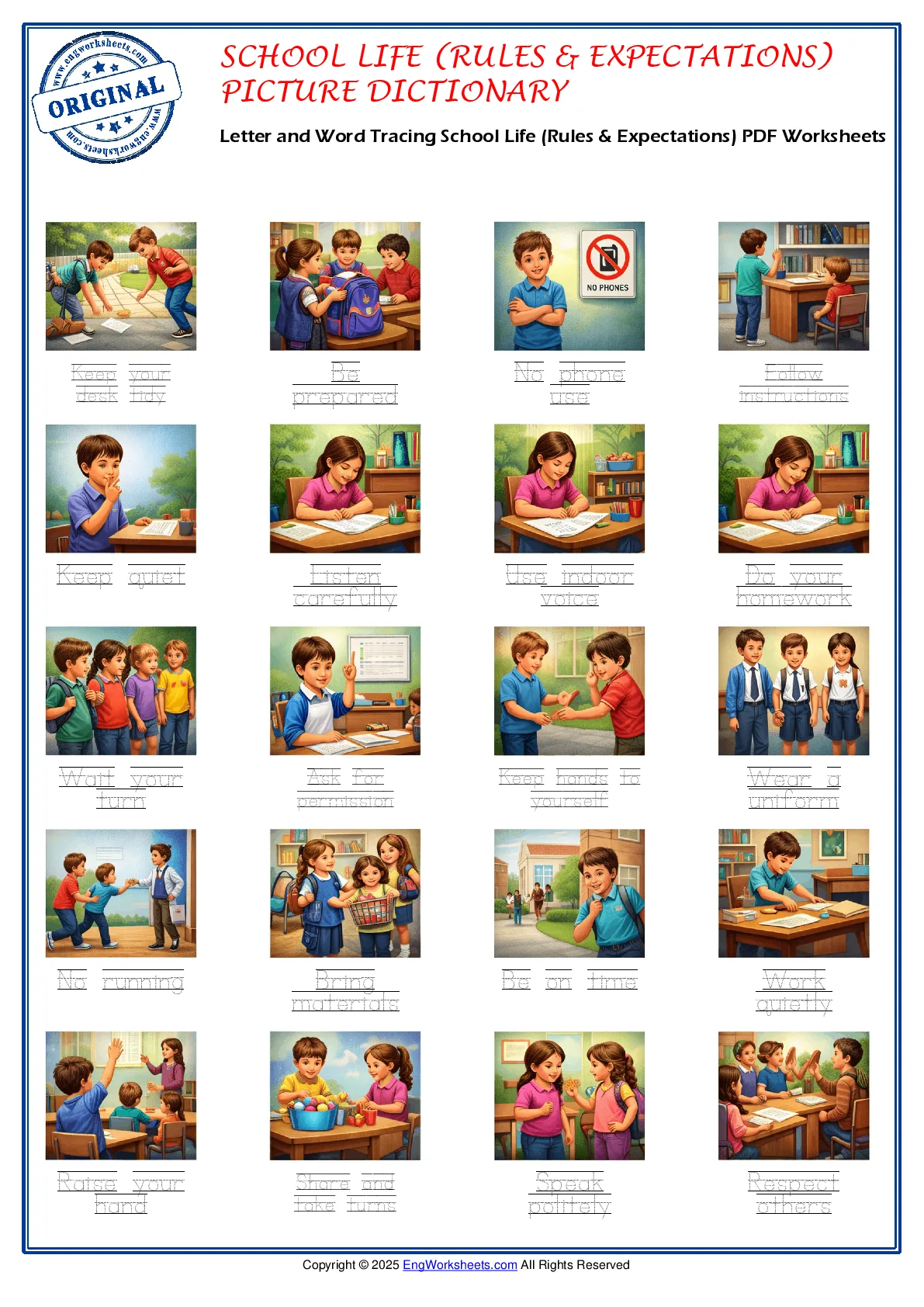 Letter and Word Tracing School Life (Rules & Expectations) PDF Worksheets Worksheet Preview