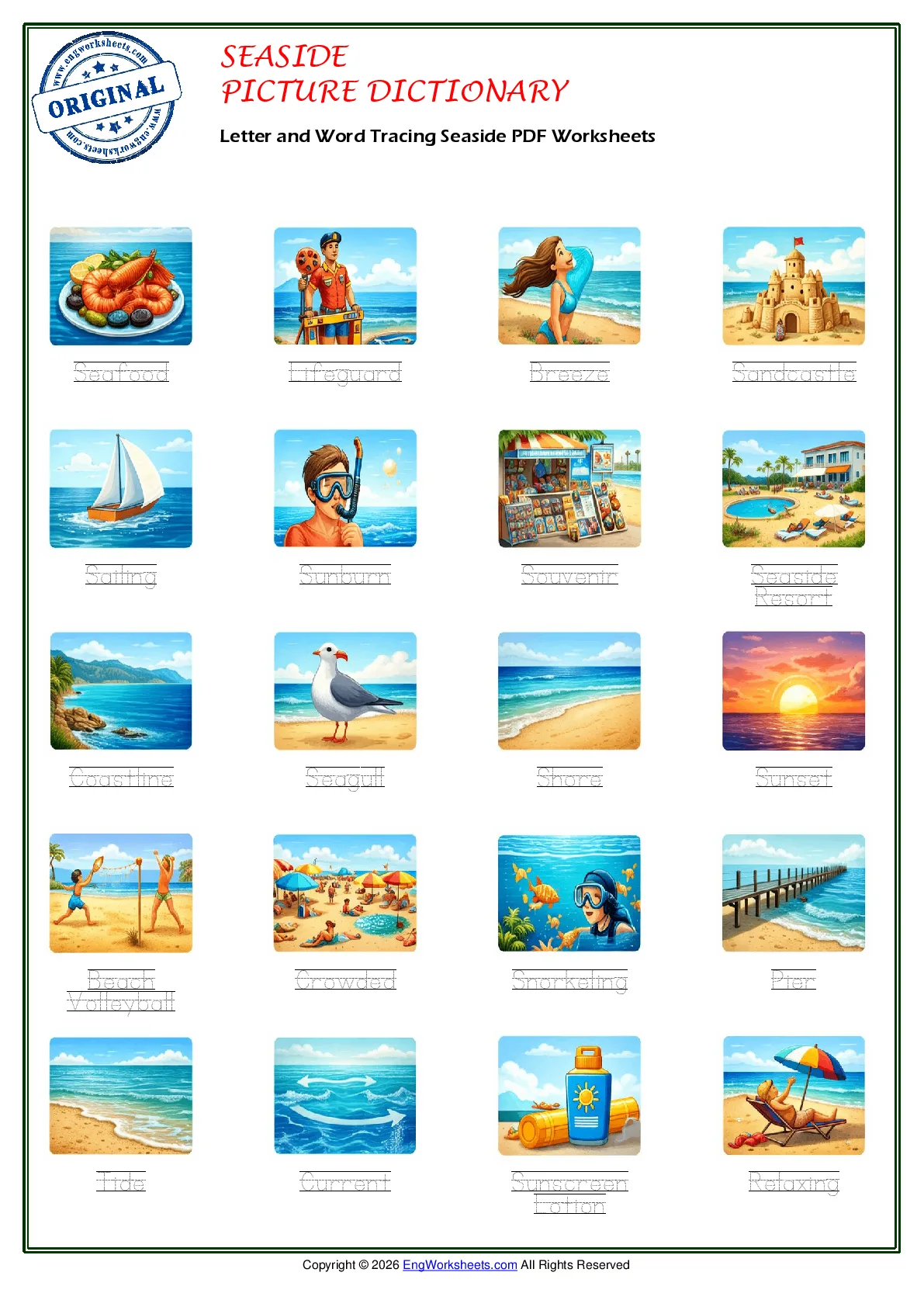 Letter and Word Tracing Seaside PDF Worksheets Worksheet Preview