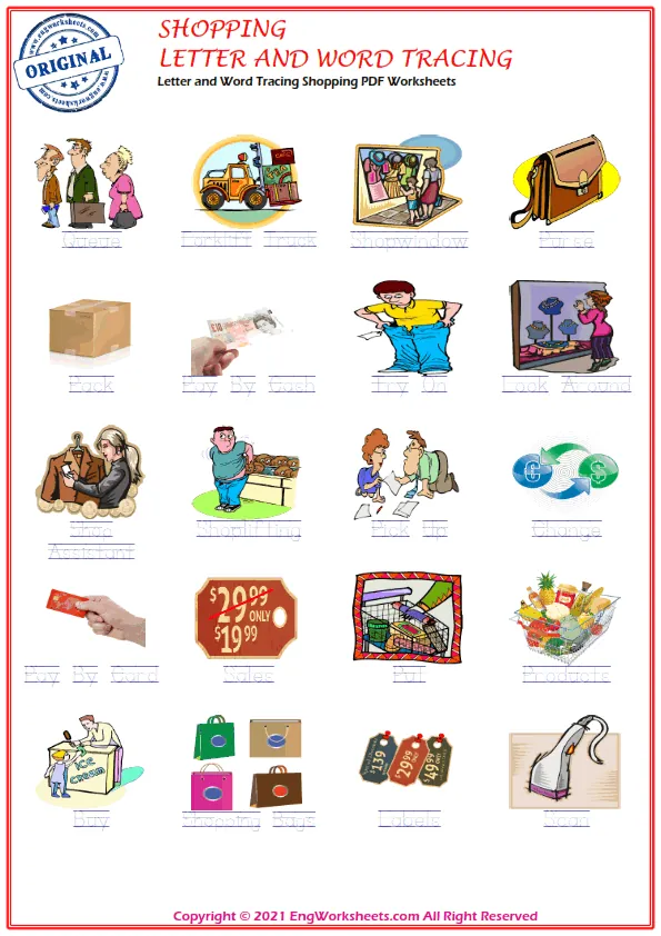 Letter and Word Tracing Shopping PDF Worksheets Worksheet Preview